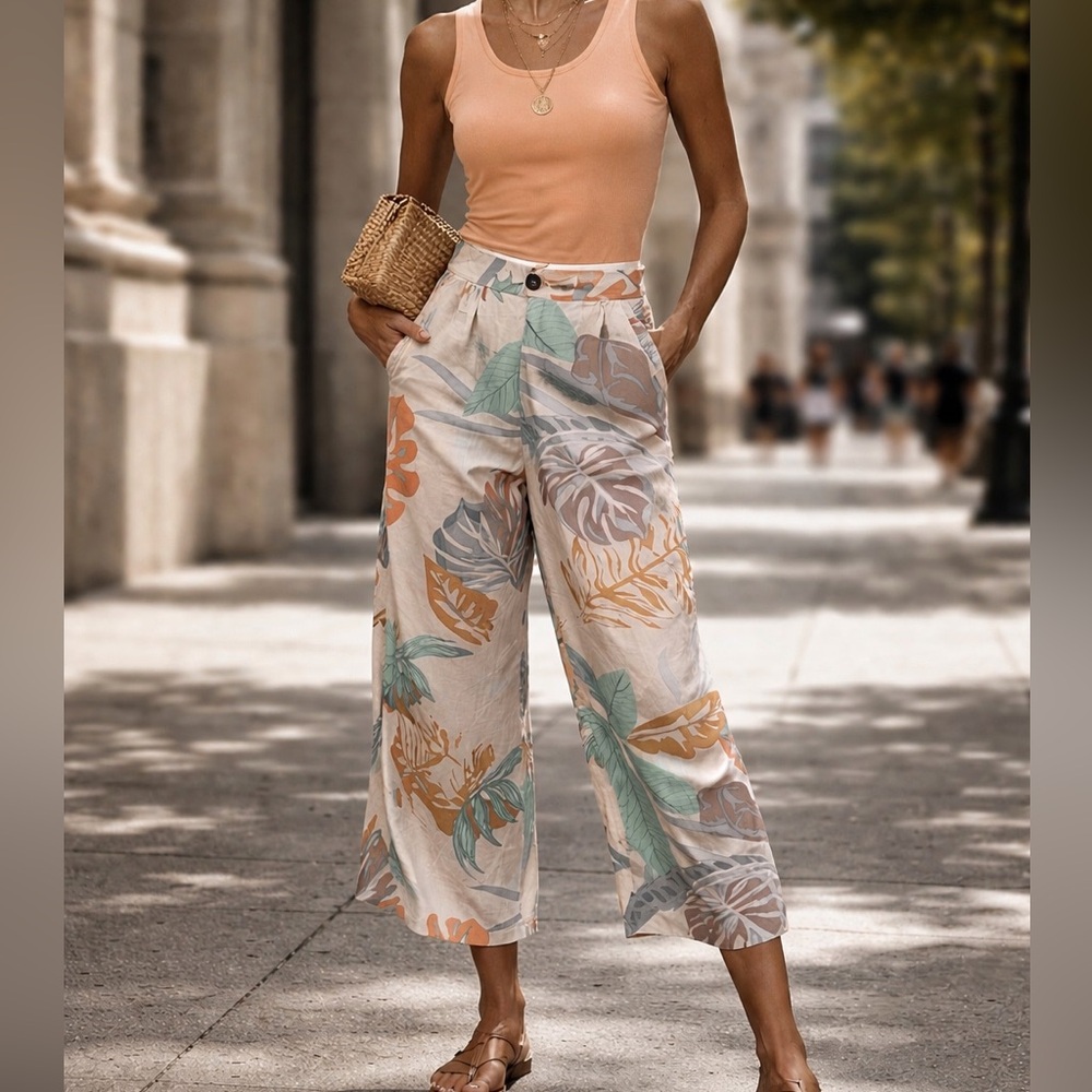 Summer Romero Gaianau Cropped Wide-Leg Pants | Tropical Print
